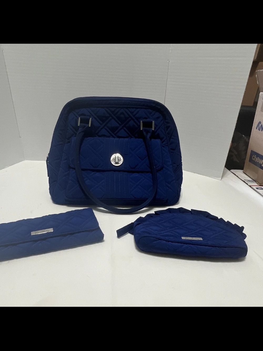 Vera Bradley Quilted Navy Blue Satchel with Matching Pouches